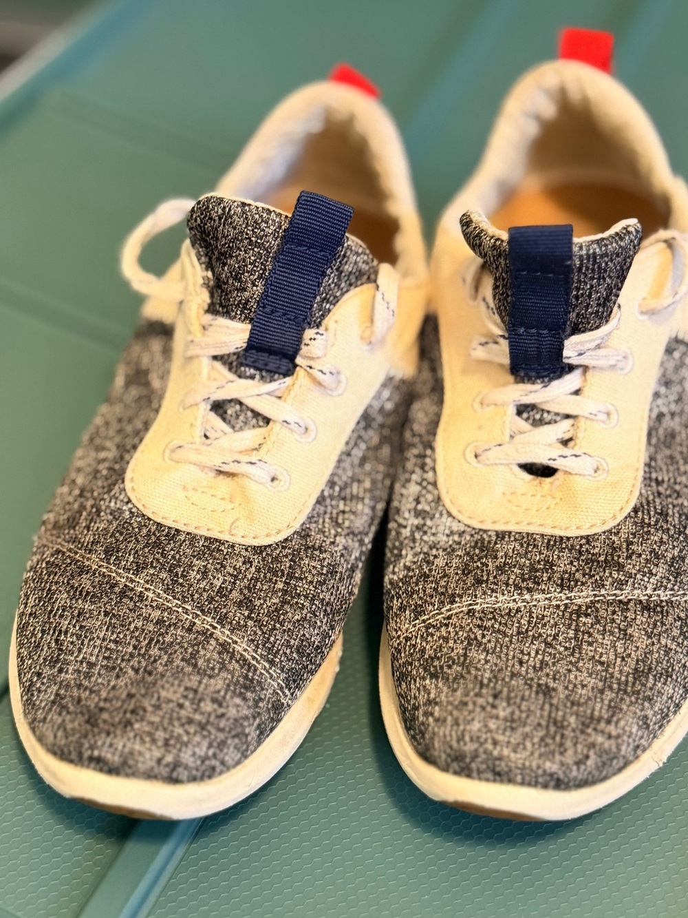 Toms Cream Canvas Slip-On with Blue Heel and Red Pull Tab
